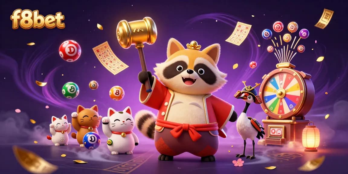 Experience excitement at f8bet with festive characters and vibrant gaming elements in a lively casino scene.