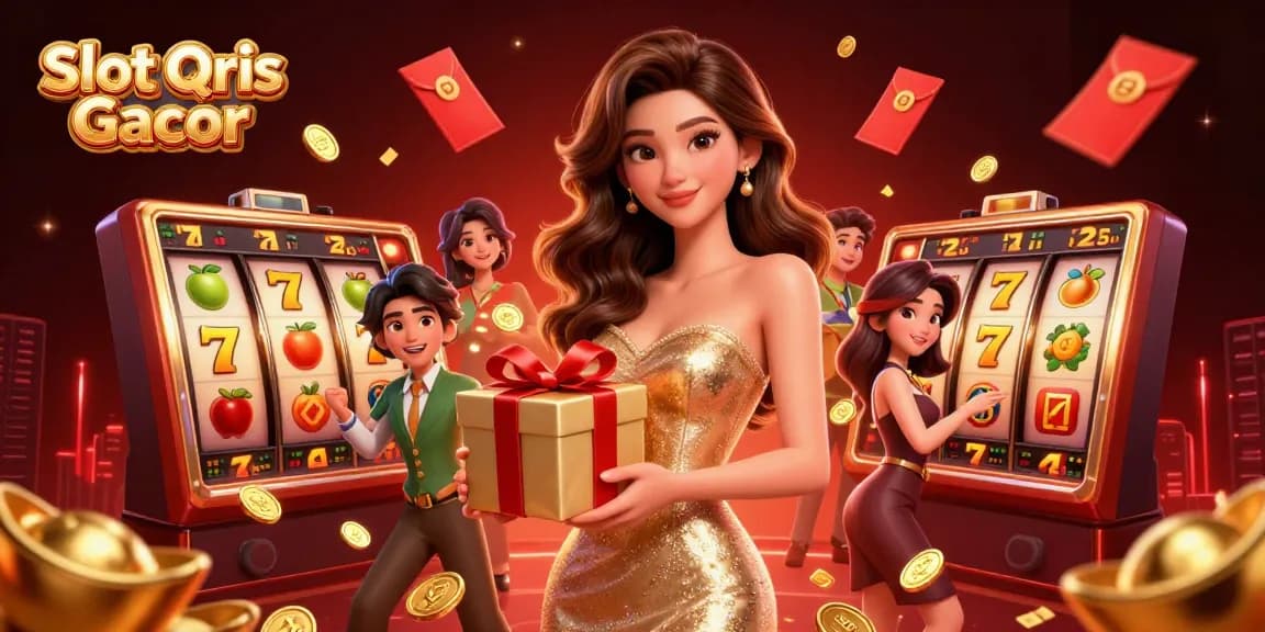 Engage with Slot Qris Gacor featuring vibrant slot reels and festive casino atmosphere.