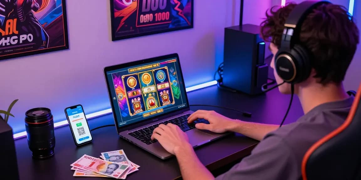 Enjoying slot depo 1000 on a modern desk with colorful games and currency notes.