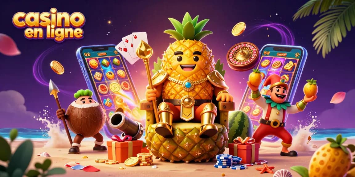 Jouez au casino en ligne avec le roi ananas, gardes noix de coco, et un jongleur sur une plage.