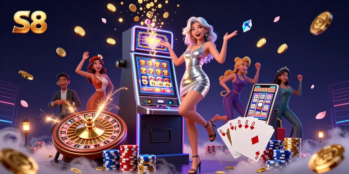 Experience the excitement of S8 as a playful woman celebrates a jackpot win in a vibrant casino scene.