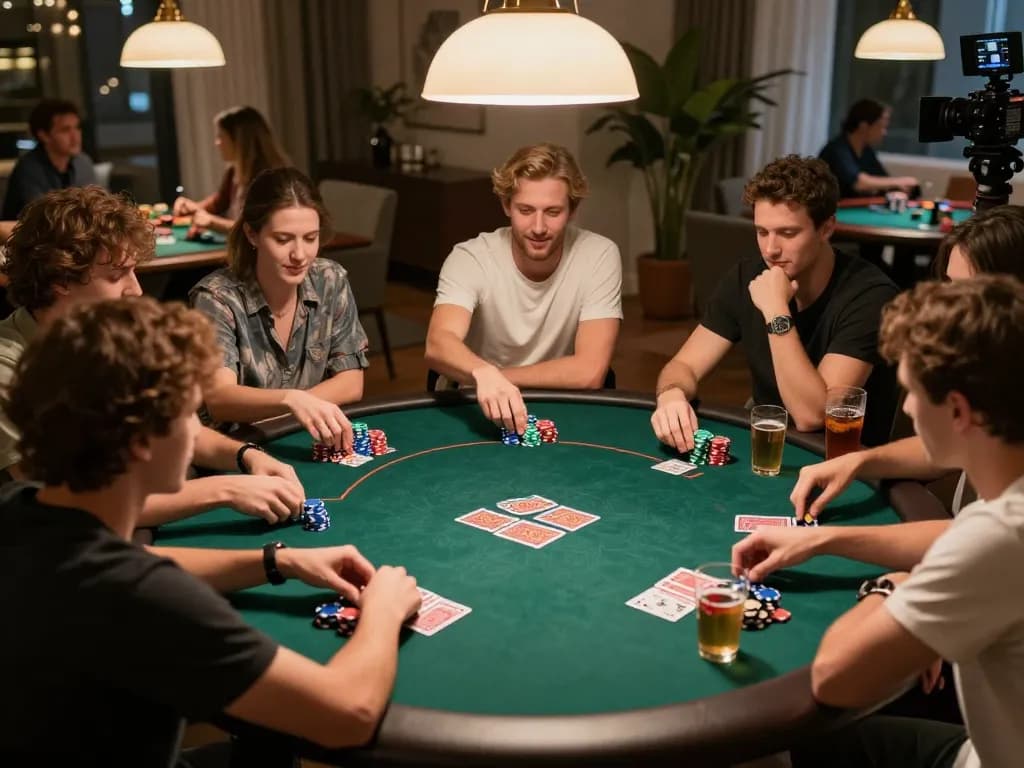Friends enjoy a competitive poker night at home discussing strategies while playing MM88.