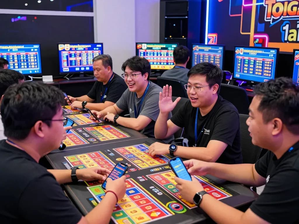 Togel Hongkong players engaged in an exciting lottery draw, showcasing vibrant gaming atmosphere.