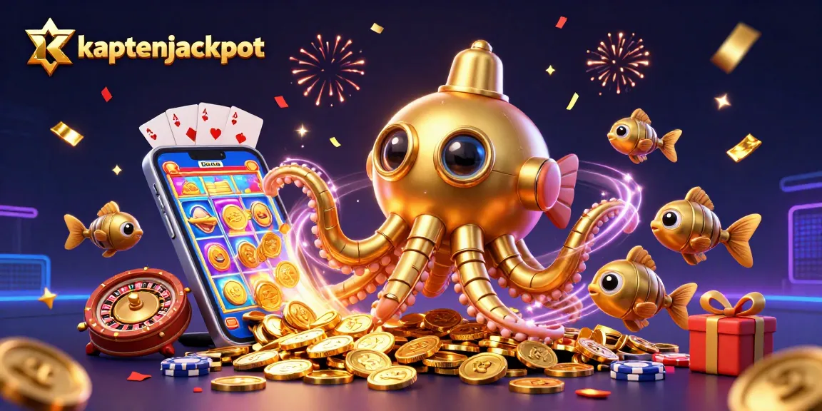 Experience the thrill of kaptenjackpot with a golden kraken amidst swirling prizes and game elements.