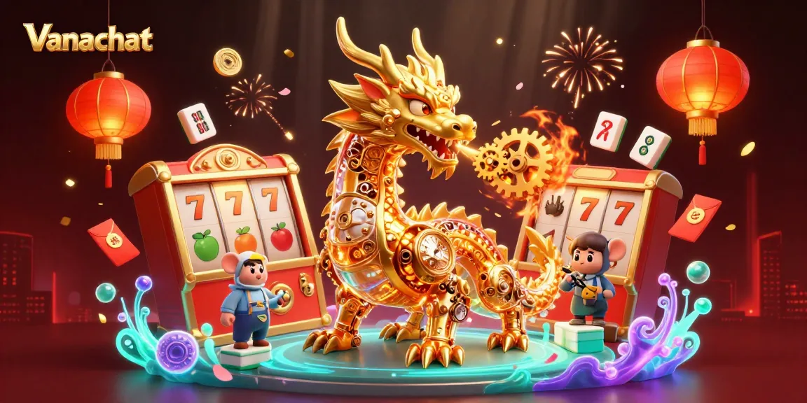 Engage in winning strategy conversations on Vanachat with golden dragon and animated slot machines.