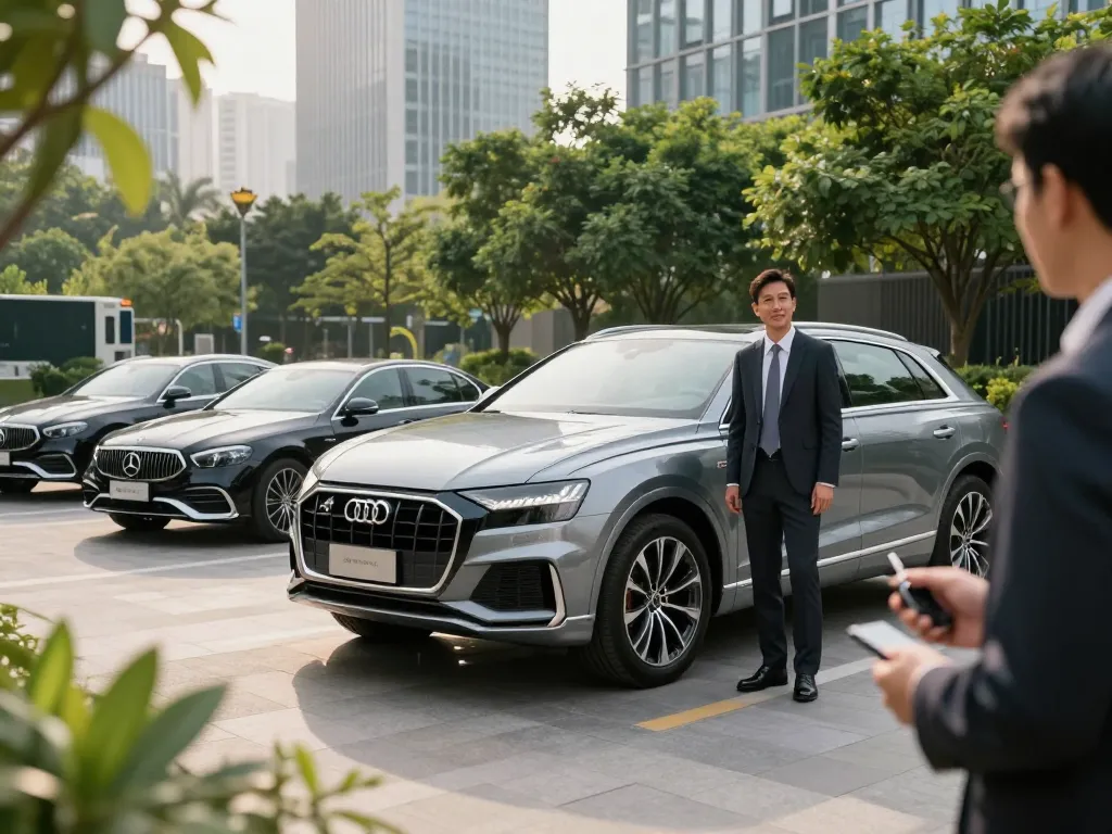 Trải nghiệm cho thuê xe ô tô hạng sang với cho thuê xe ô tô hạng sang và chiếc Audi Q8 sang trọng trong một khu vực đô thị cao cấp.