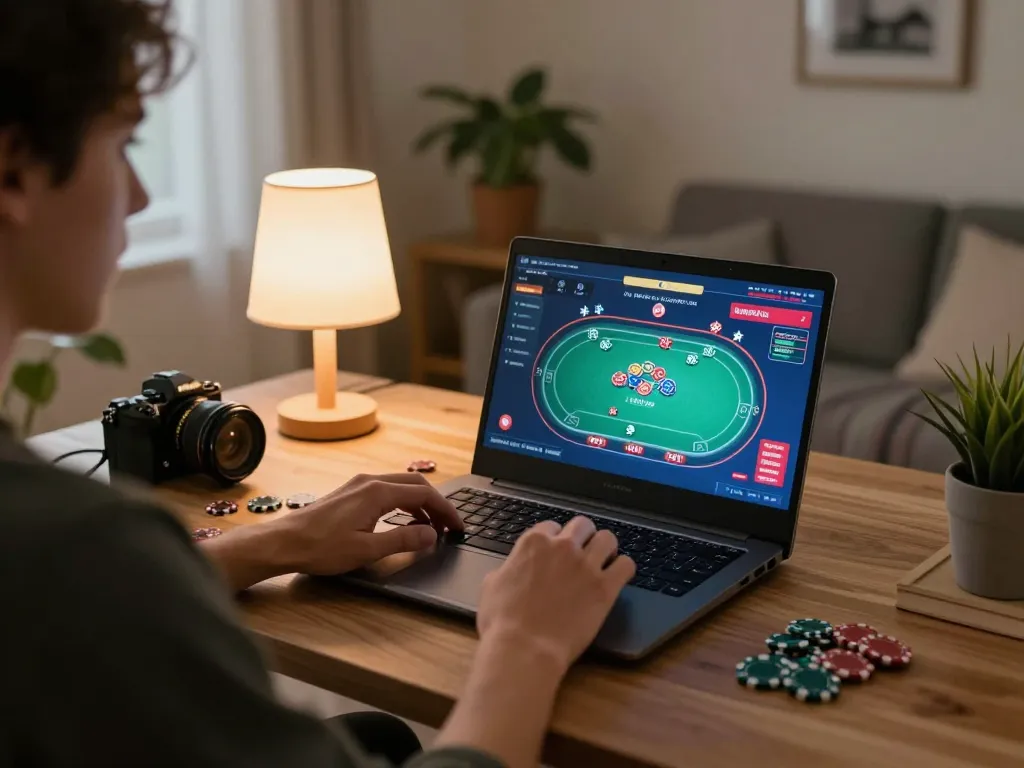 Fun79 player engaging in online poker from the comfort of home while managing bets