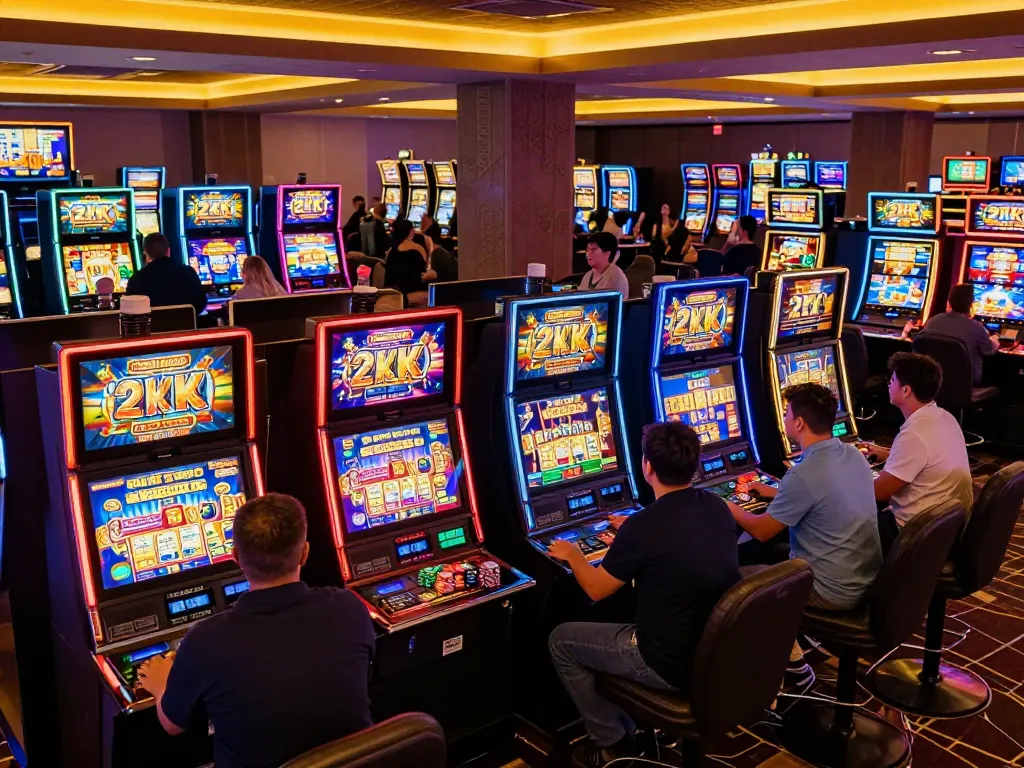 Players engaging with slot deposit 2k machines in a vibrant casino, celebrating exciting wins with joyful energy