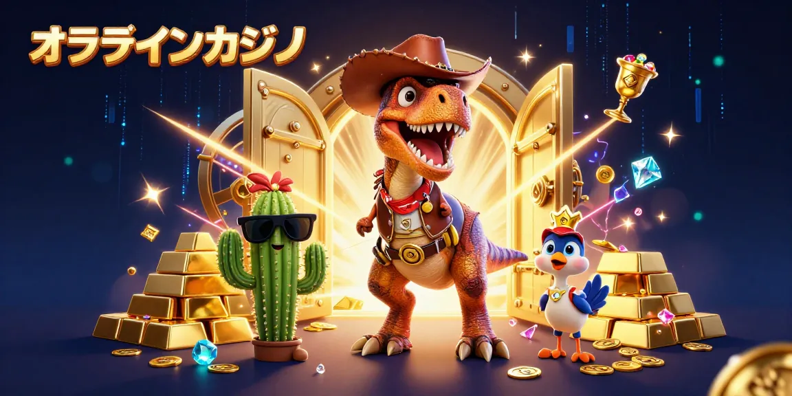 オンラインカジノで楽しむダイナソーカウボーイとその仲間たちのカラフルなシーン。