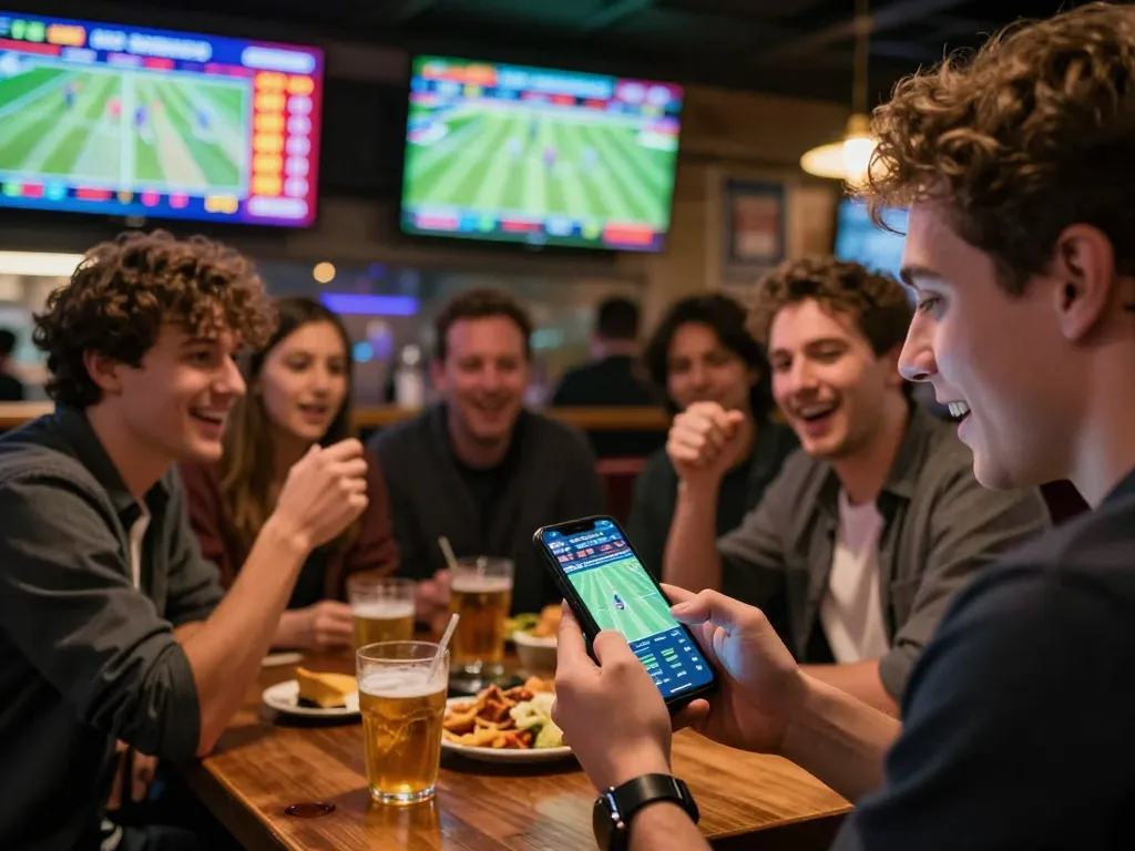 Excited sports betting enthusiast using onbet app to analyze odds at a lively sports bar