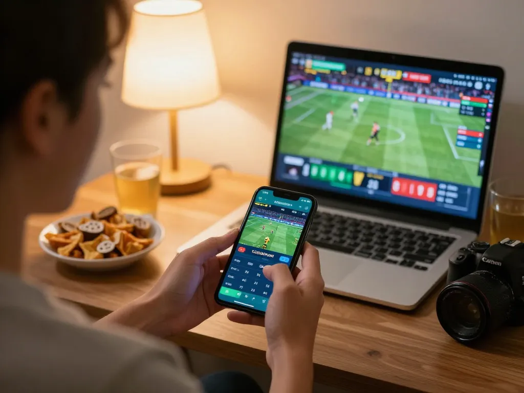 Engaged sports bettor using Sunwin app on smartphone with live sports events displayed.