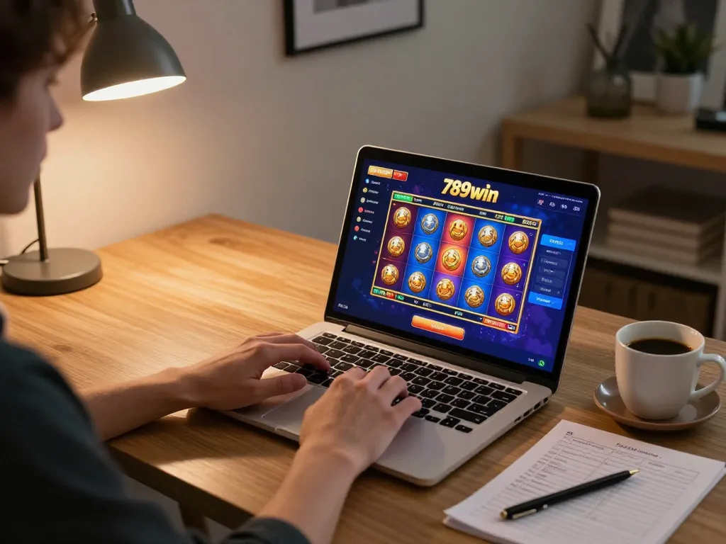 Engaging gameplay on 789win online casino, showcasing a vibrant slot game on a laptop screen