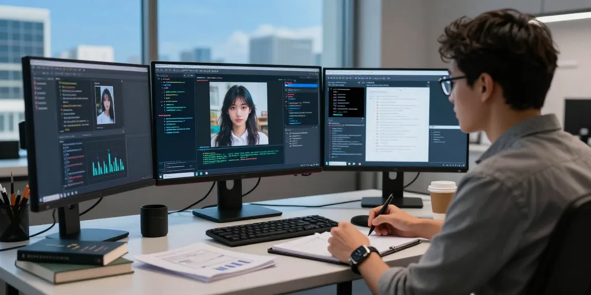 Data scientist using a free ai detector in a digital workspace with monitors and analytical tools.
