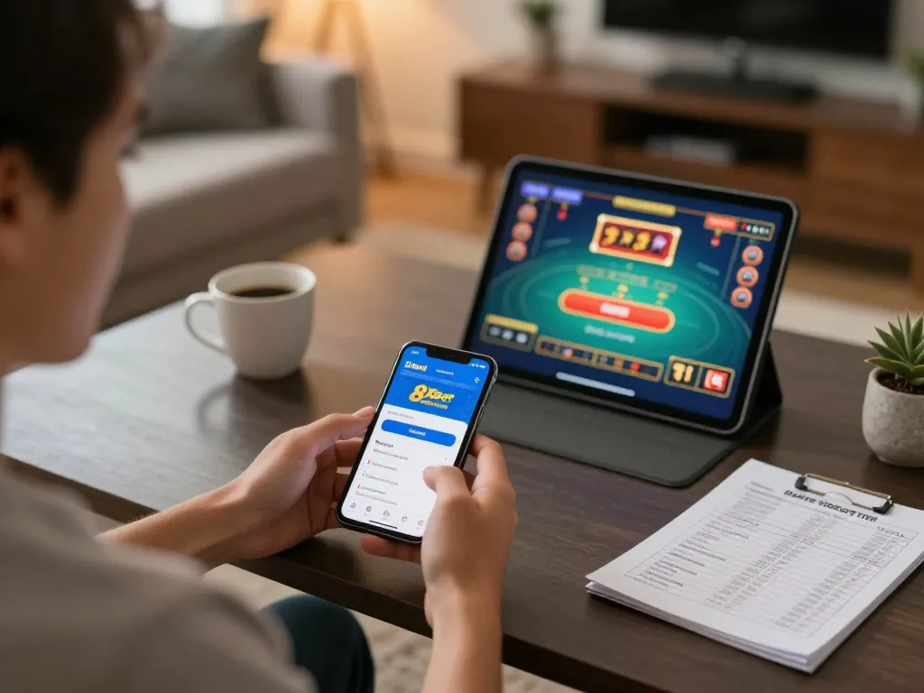 Player engaging with the 8xbet app on smartphone in a cozy home environment, promoting responsible gaming.