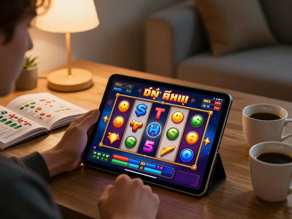 Engaging with nổ hũ đổi thưởng slot game on a tablet in a cozy home setting, promoting fun and responsible gaming.