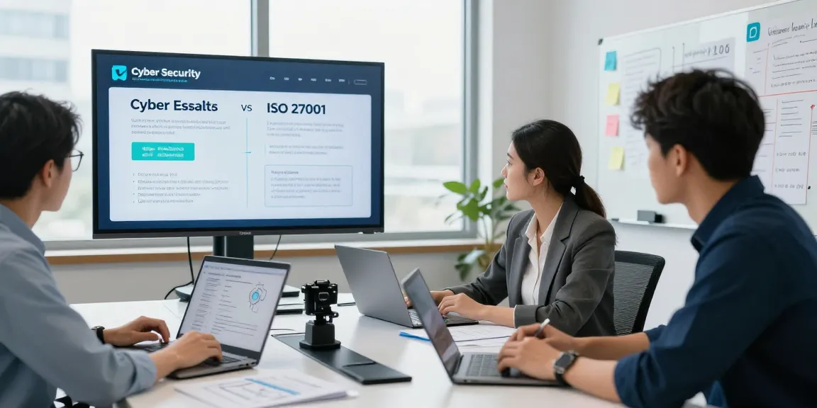 Cyber Essentials vs ISO 27001 comparison in a professional cybersecurity office, showcasing a team evaluating security protocols.