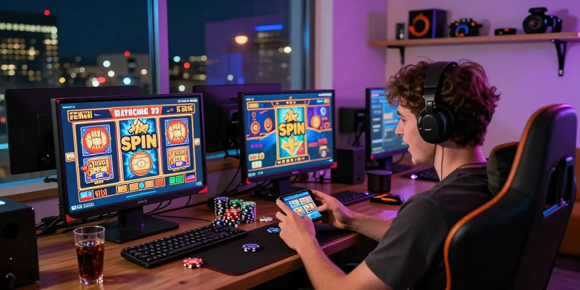 Engaging with slot modal 5k on smartphone in lively gaming nook.