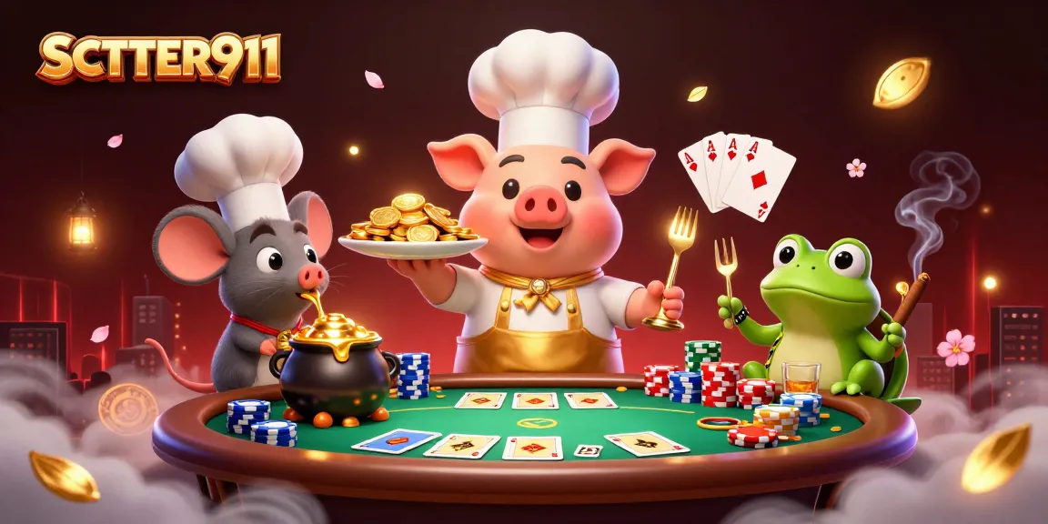 SCATTER911 offers a thrilling gourmet casino experience with vibrant characters and gold coins.