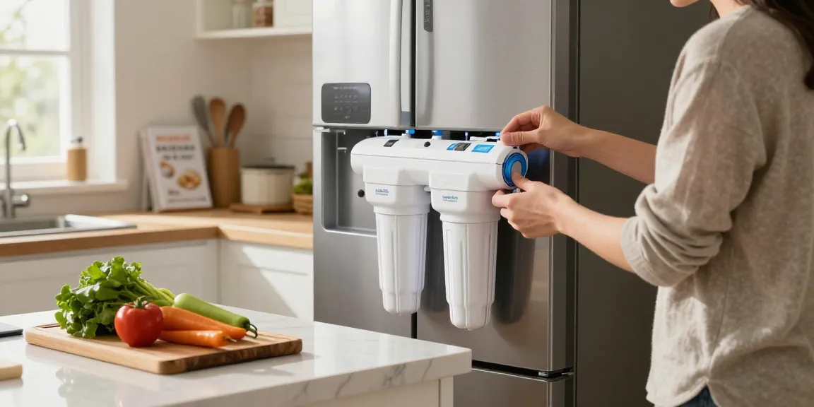 Maxblue ADQ73613401 Refrigerator Water Filter being installed in a modern kitchen for clean cooking water.