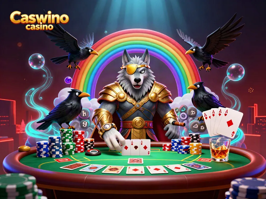 Win big at Caswino casino with Odin and ravens near poker chips and gaming elements.