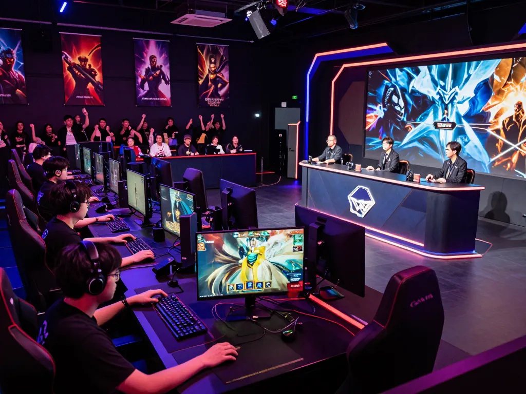 KPK100 gamers intensely competing at a vibrant esports event with dynamic atmosphere