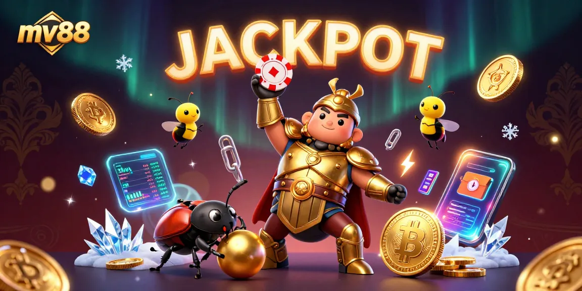 Experience thrilling wins at mv88 with a victorious hercules beetle and glowing crypto elements!