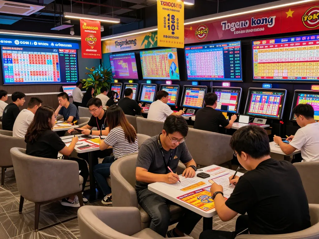 Togel Hongkong players excitedly engaging in a modern gambling lounge with vibrant screens and lively atmosphere.