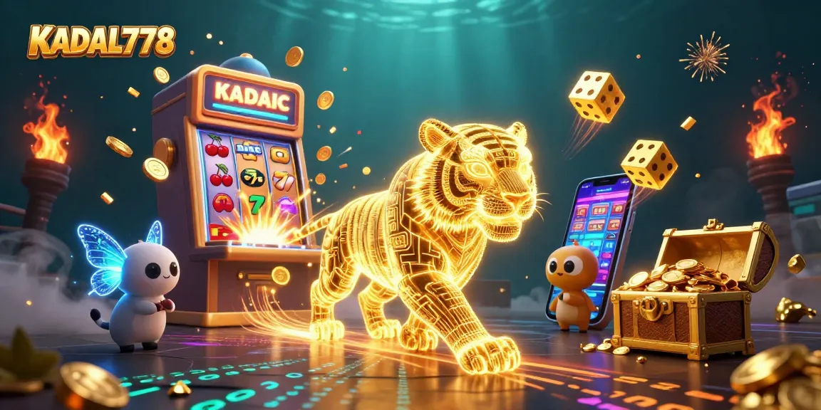 Experience the excitement of KADAL778 with a vibrant 3D casino scene filled with jackpot winnings and dynamic elements.