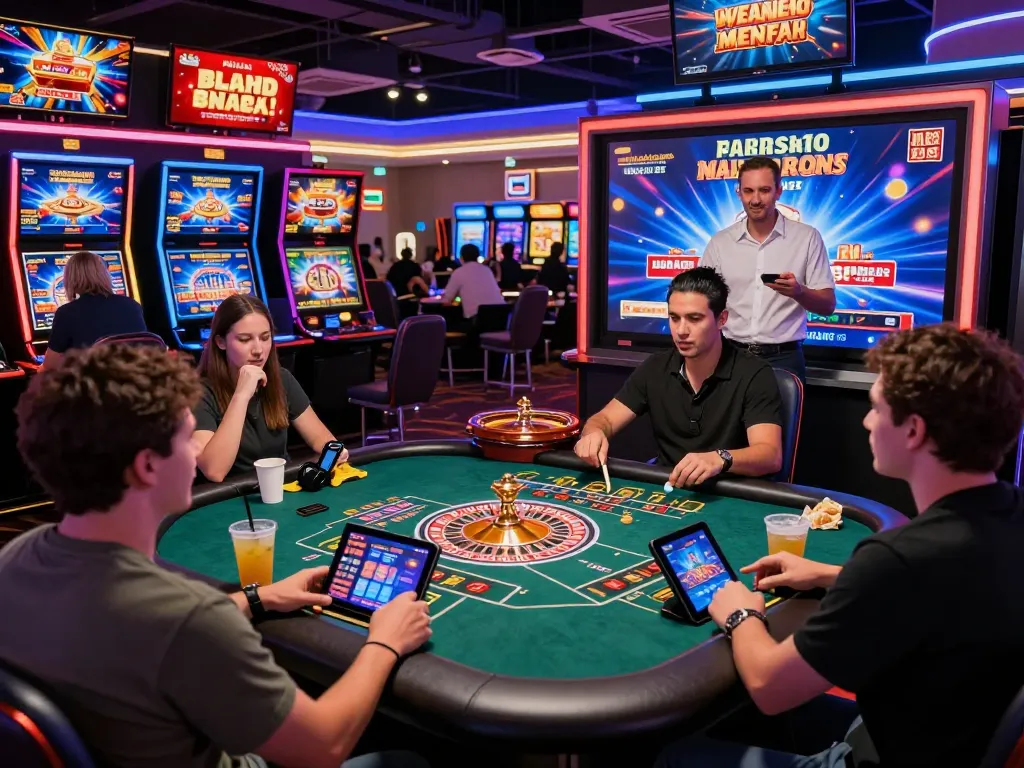 Exciting online casino environment at MM88 showcasing players engaged with various games and vibrant lighting.