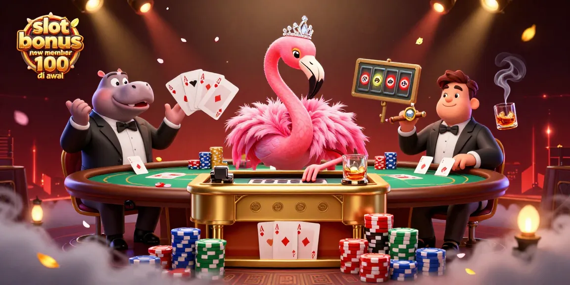 Engage with slot bonus new member 100 di awal at a vibrant casino scene featuring lively characters and slots.