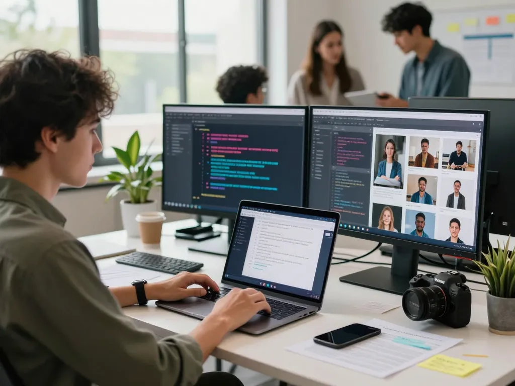 Professional using image to prompt ai tool in a modern workspace with vibrant AI-generated prompts.