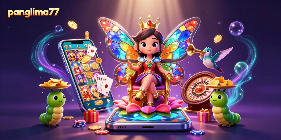 Panglima77 illustrates a magical casino scene with a butterfly queen, gaming elements, and vibrant colors.