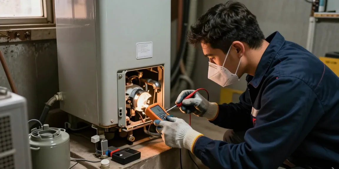 Emergency HVAC Repair technician diagnosing furnace issues with tools in a basement setting