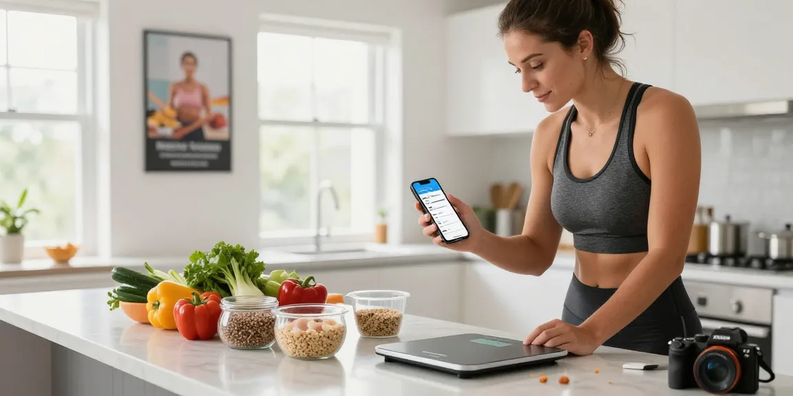 Using the best macro tracking app in a bright kitchen filled with fresh ingredients and a digital scale.