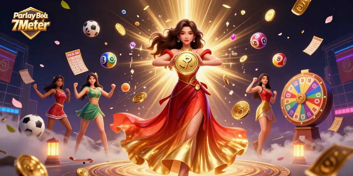 Engage in exciting bets with Parlay Bola 7Meter featuring dynamic soccer balls and winning symbols.