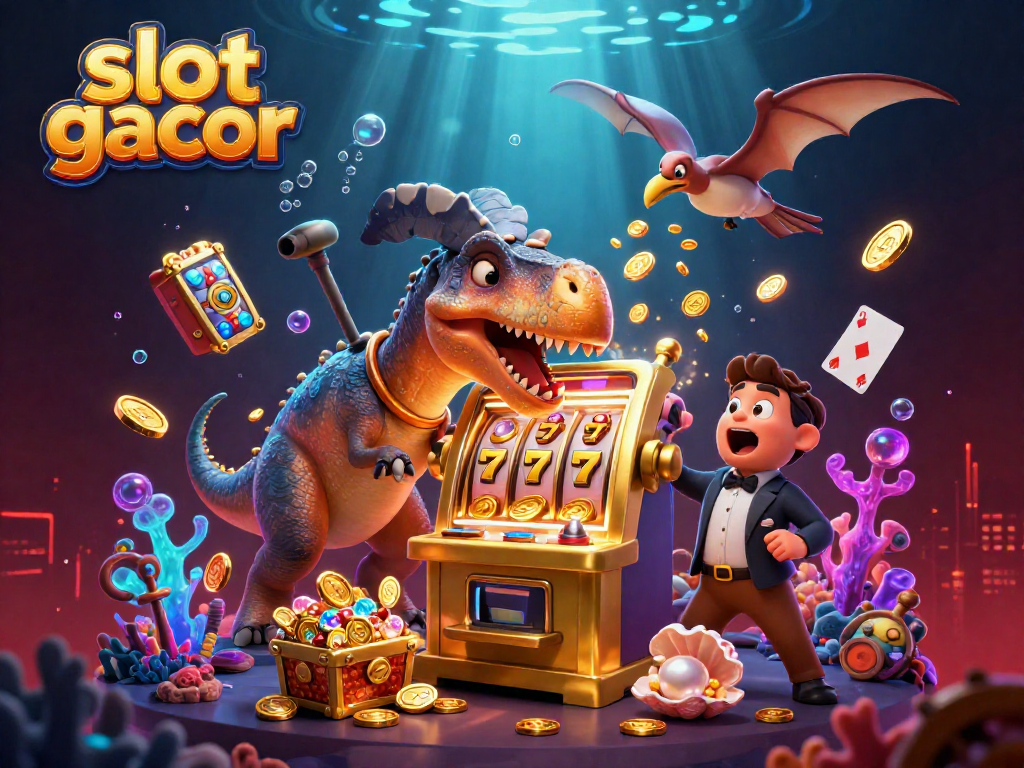 Engaging scene of slot gacor dinosaur dynamically interacting with a jackpot machine amidst flying coins and game elements