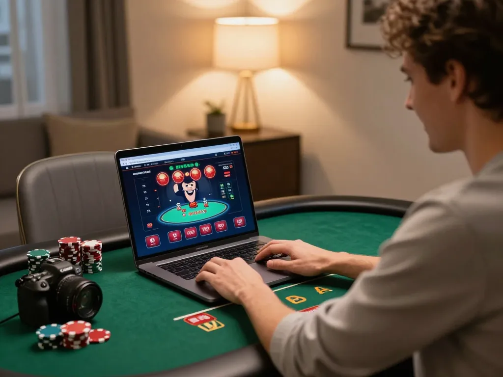 Player enjoying a win at fabet online poker, showcasing an engaging home gaming setup and strategy.