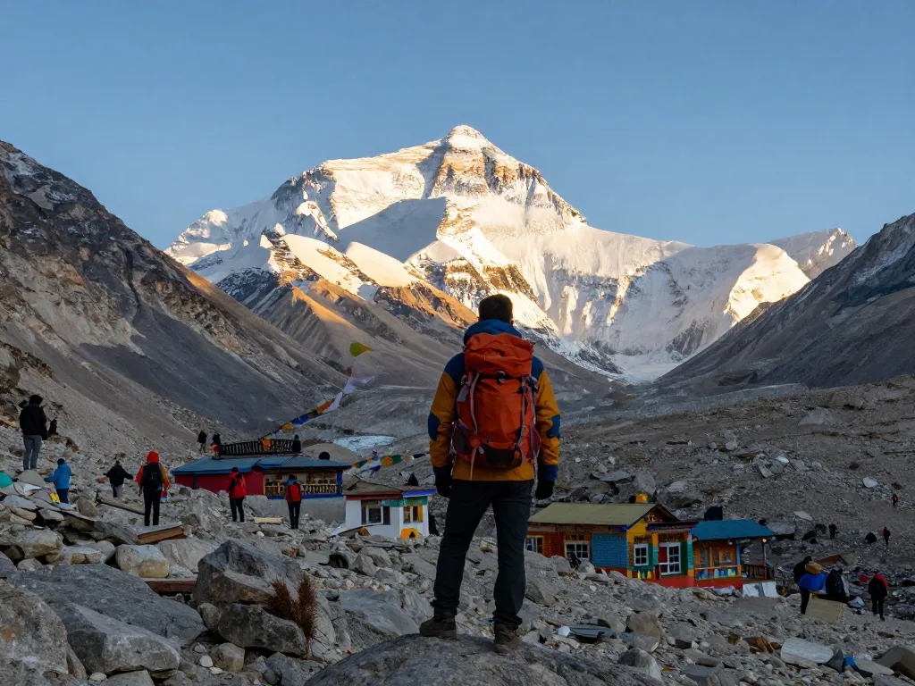 Everest Base Camp trekker celebrating with panoramic views of the Himalayas at dawn.