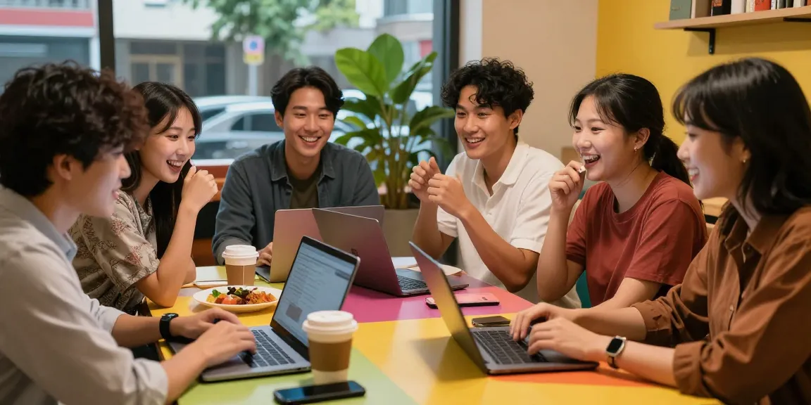Engaging discussion at https://hanadultalk.com about Asian culture in Spanish with diverse group enjoying coffee and laptops.