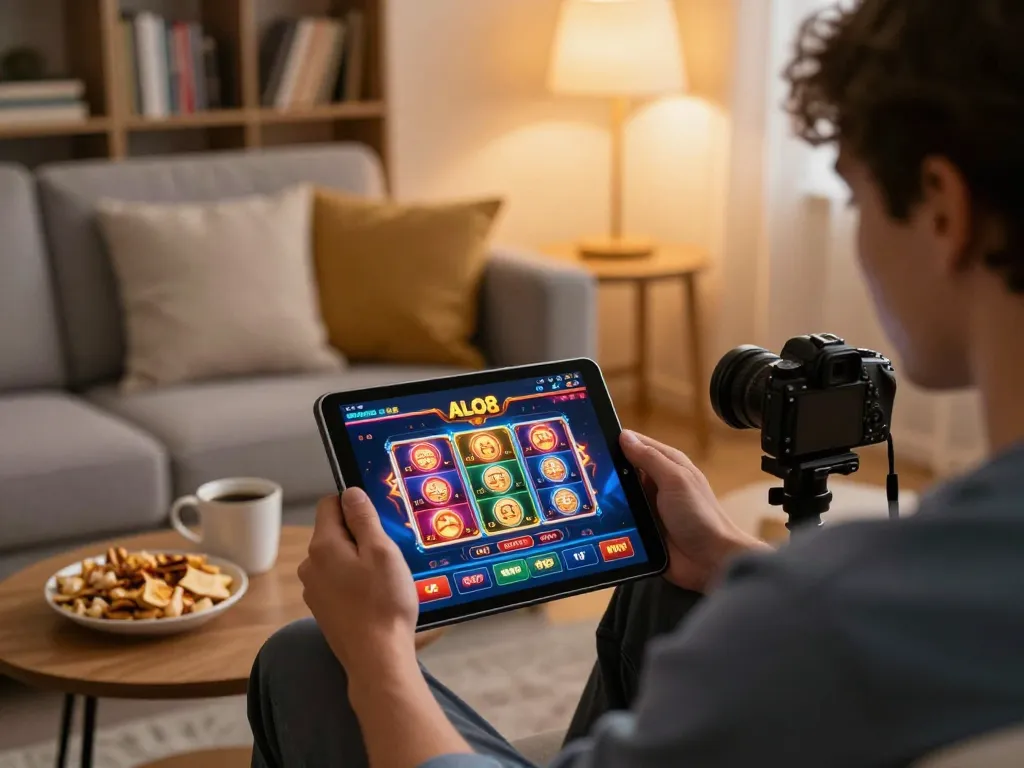 Player enjoying online gaming at home with ALO8 app on tablet, cozy atmosphere and engaging gameplay.