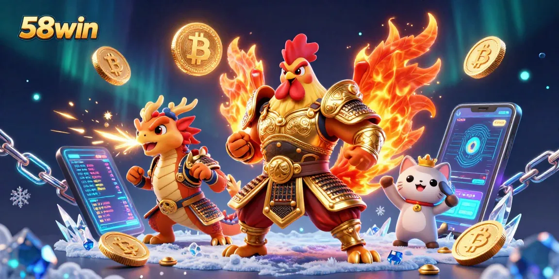 58win engages players with a dynamic 3D scene showcasing casino warrior motifs and cryptocurrency elements.