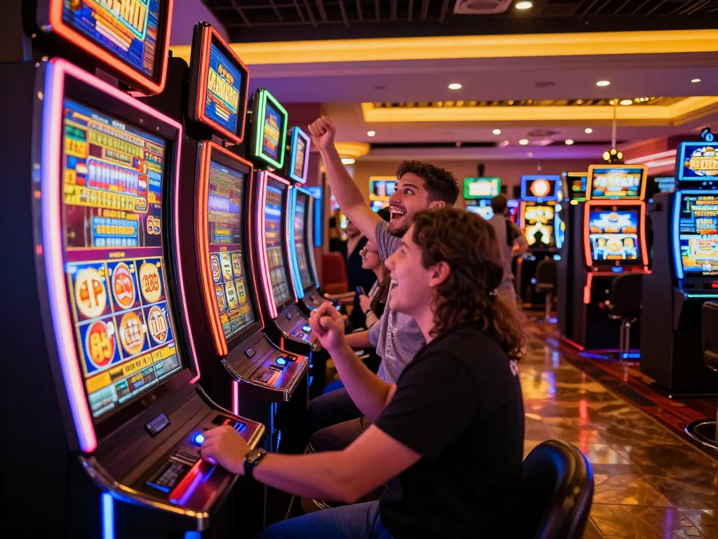 Excited players celebrating wins on slot depo 1k machines in a vibrant casino.