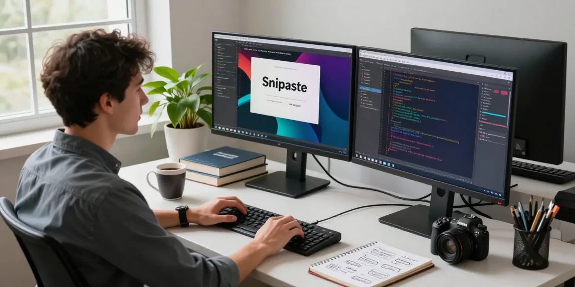 Dynamic workspace with a developer using 截图软件 Snipaste on dual monitors, showcasing a productive tech environment.