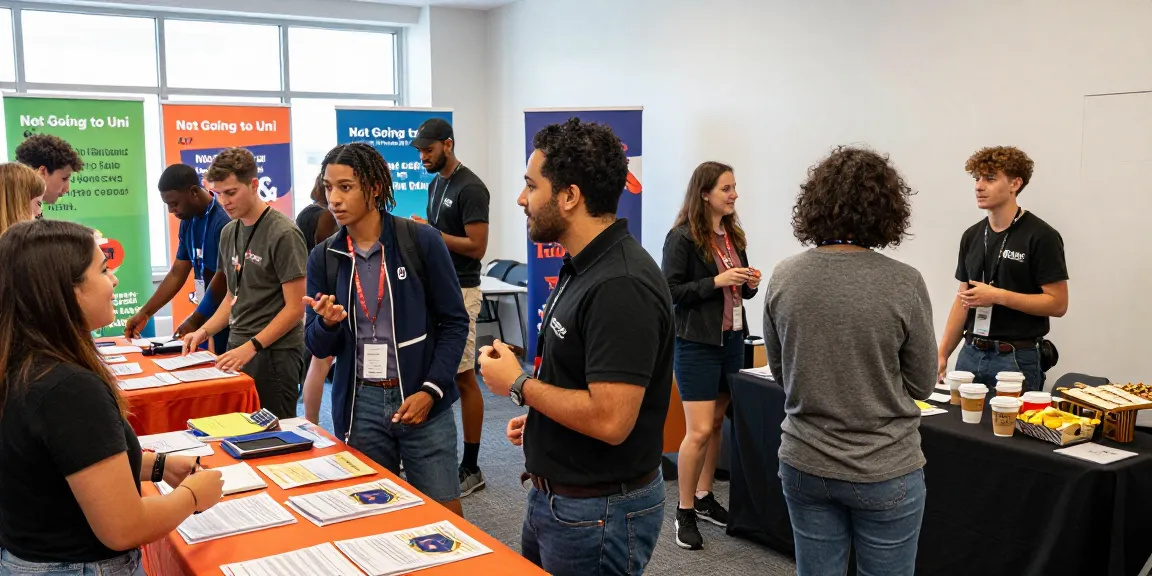 Young adults exploring "Not going to uni" opportunities at vibrant career fair.