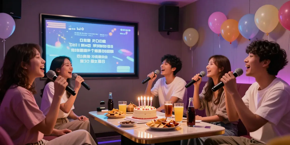 엘리트 가라오케의 즐거운 생일 파티 장면, 친구들이 노래하고 케이크와 음료가 가득한 분위기
