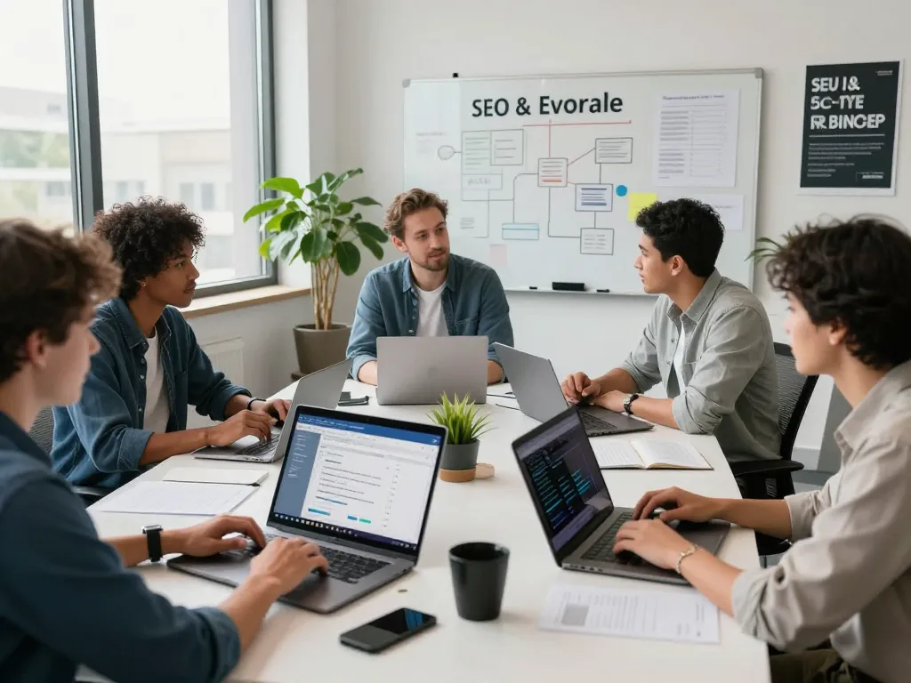 Diverse team collaborating on group buy SEO tools in a modern office workspace, showcasing laptops with analytics and planning materials.
