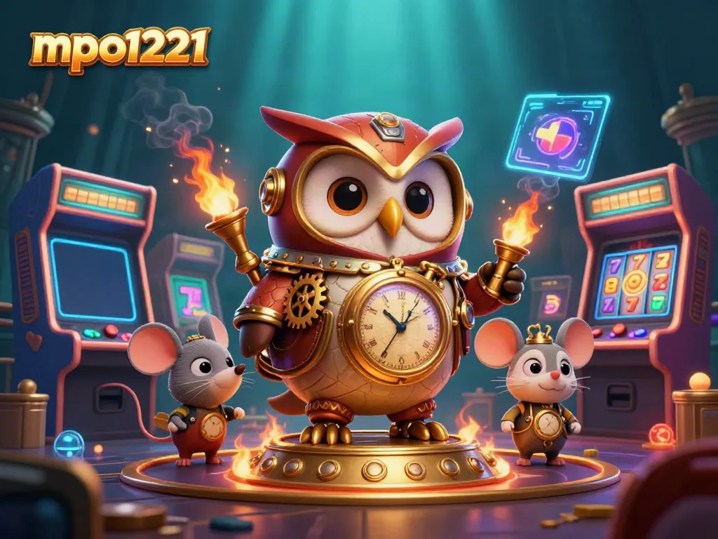 Join the adventure with mpo1221's steampunk owl and mouse amid vibrant casino game symbols.