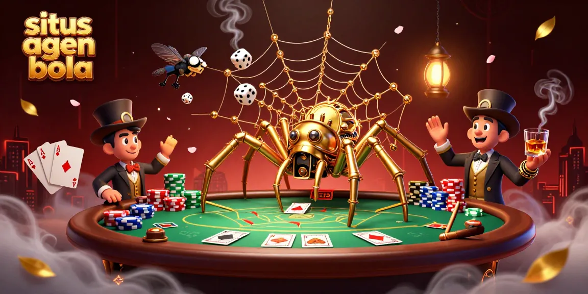 Engage in thrilling gameplay at situs agen bola with vibrant poker elements, a steampunk spider web, and classic gambling atmosphere.