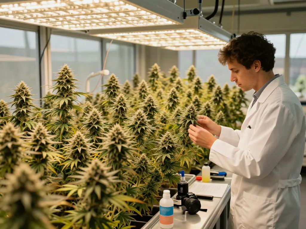 Alien Labs premium cannabis cultivation scene with lush strains and dedicated grower.