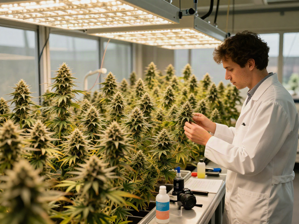 Alien Labs premium cannabis cultivation scene with lush strains and dedicated grower.